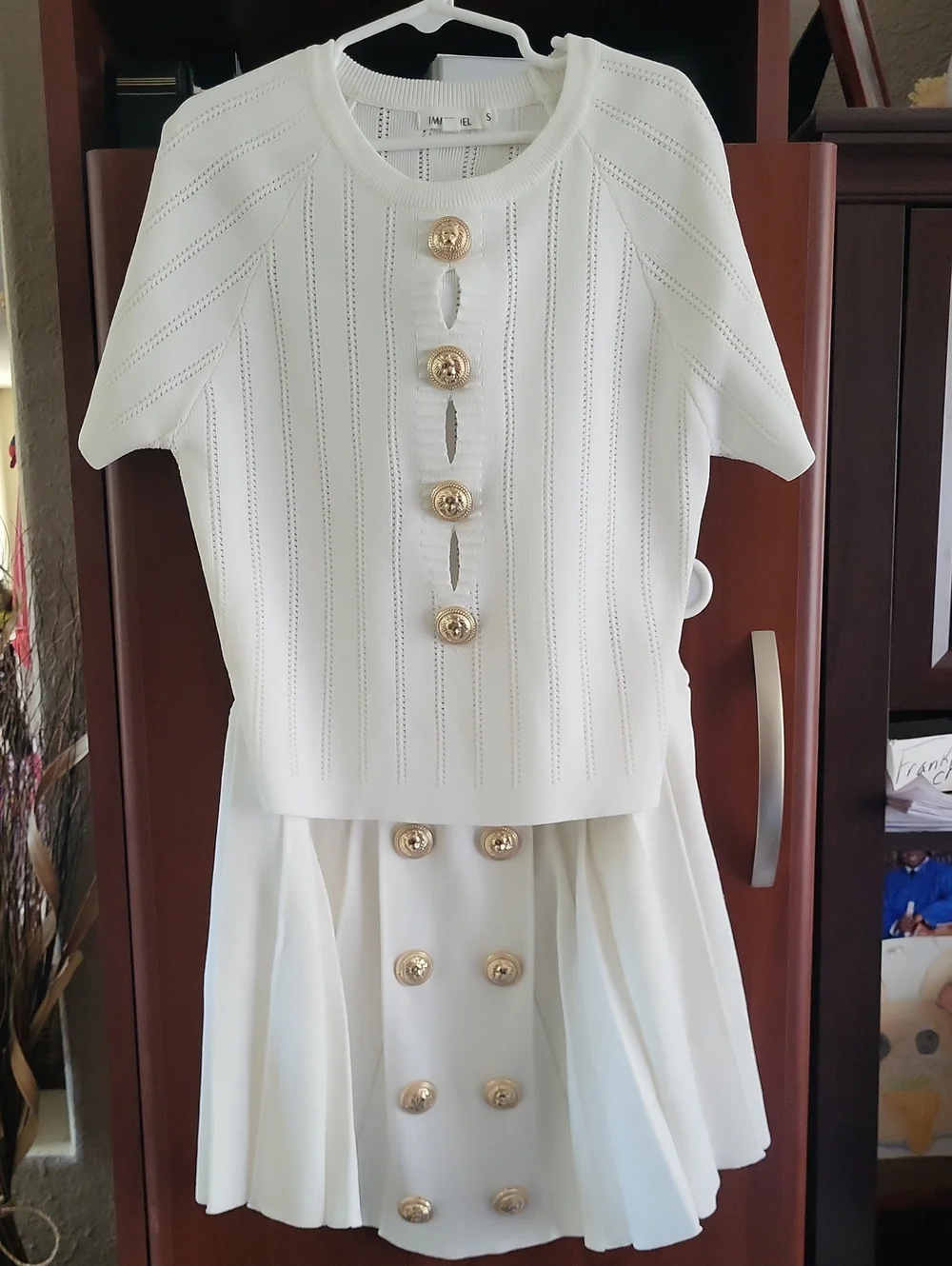 Elegant White Kids Matching Set with Gold Buttons